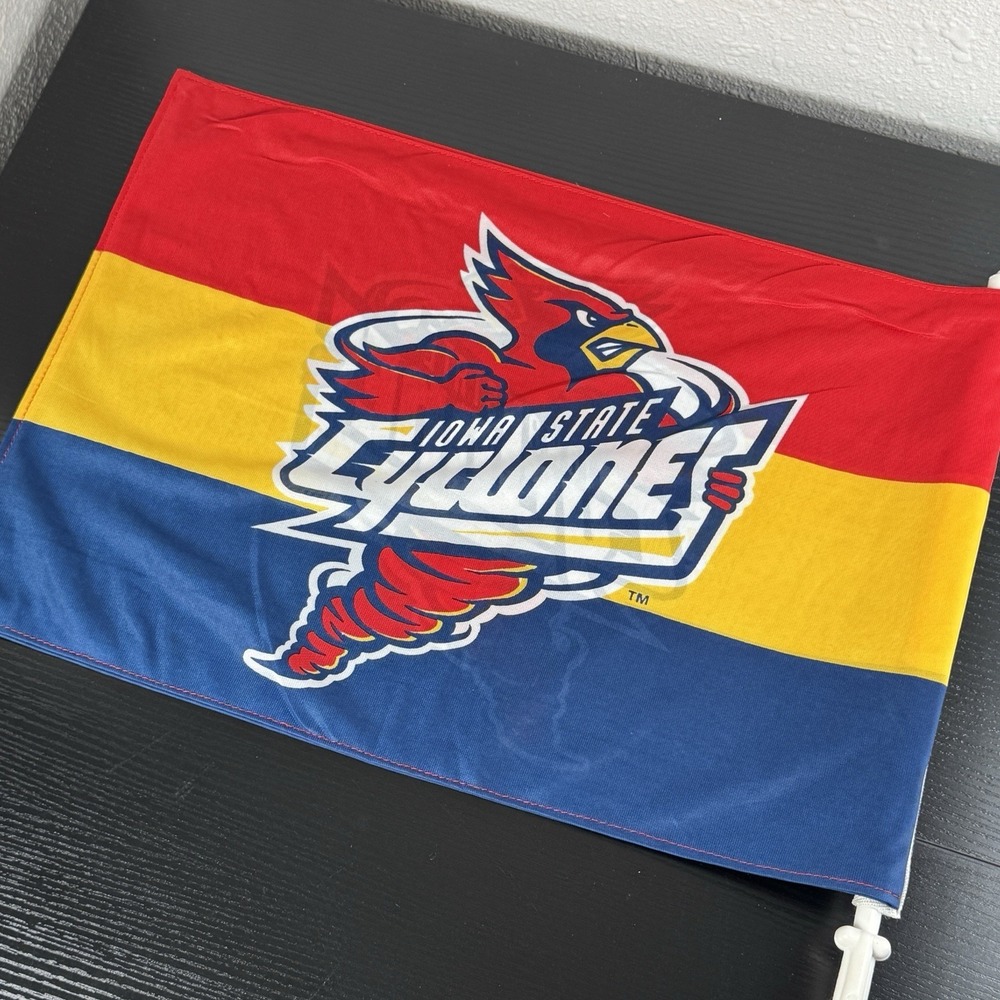 Vtg Iowa State Cyclones 90s Cy logo Car Flag with Pole 18" X 12" Window Mount